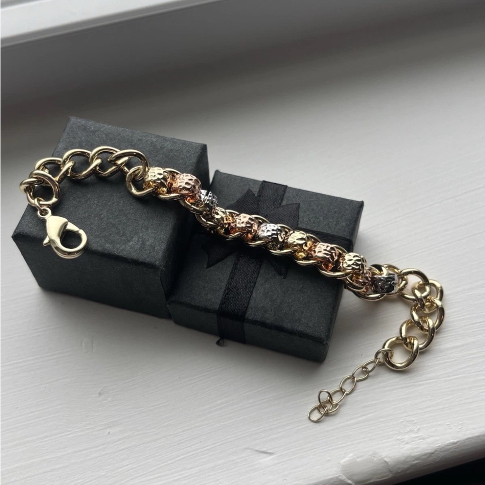 Gold Plated Chunky Chain Bracelet Mixed Metal Textured Links Statement Toggle - Picture 7 of 10
